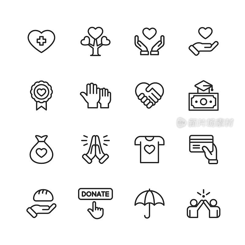 Charity and Donation Line Icons. Editable Stroke. Pixel Perfect. For Mobile and Web. Contains such icons as Charity, Donation, Tree, Healthcare, Education, Scholarship, Food.